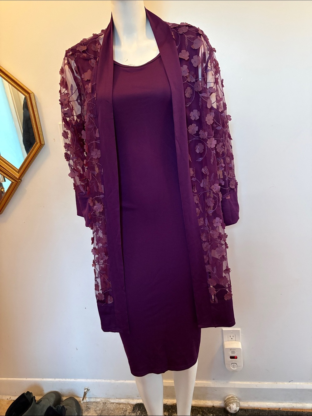 Plum Purple Floral Sheer Overlay Dress Set